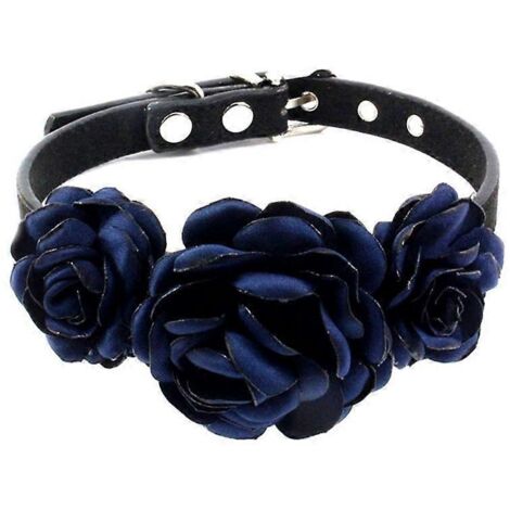 Collier pour chienne et chatte, décor floral rose, collier animal XS bleu marine, fleurs imprimées, accessoire élégant.