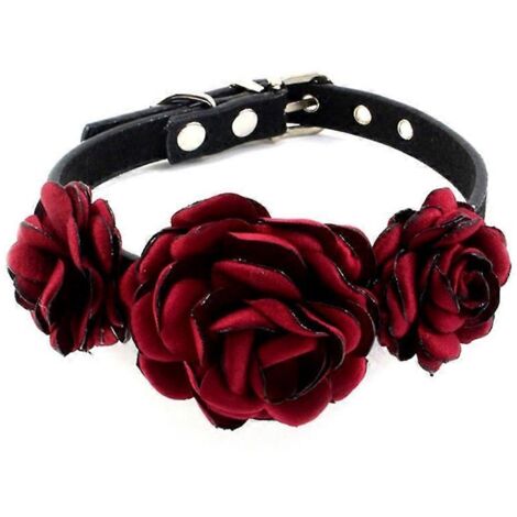 Collier pour chienne et chatte, décoration florale rose, motif fleurs, collier animal rouge vin, taille S.