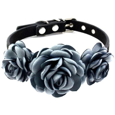 Collier pour chienne et chatte, motif floral rose, décoration fleurie, collier animal de compagnie taille S, bleu grisé.