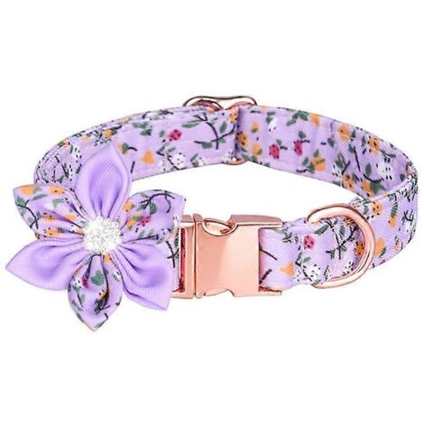 Collier pour chienne femelle motif floral, fleur amovible, collier pour animal de compagnie violet taille L.
