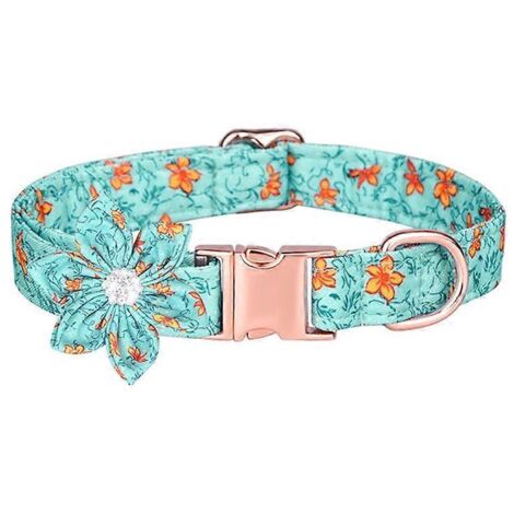 Collier pour chienne motif floral, collier de chien femelle avec fleur amovible, bleu, taille S, accessoire élégant et réglable.