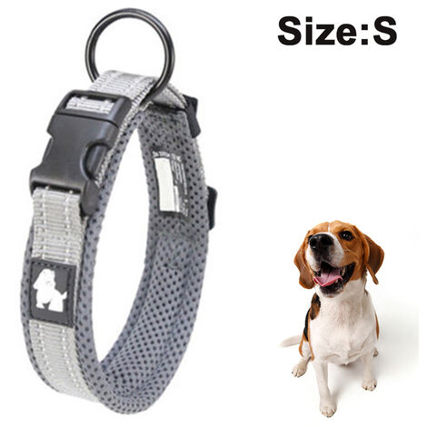 Collier réfléchissant pour chien, collier en nylon respirant réglable pour petits chiens de taille moyenne et extra large (S, gris)