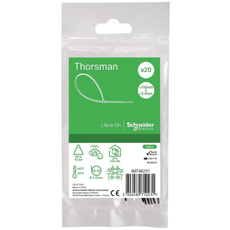 Collier serre-cable noir 100x2.5mm (blister de 20) pour fixation de fils et cables Ø 20mm max PA6.6 anti-UV Thorsman