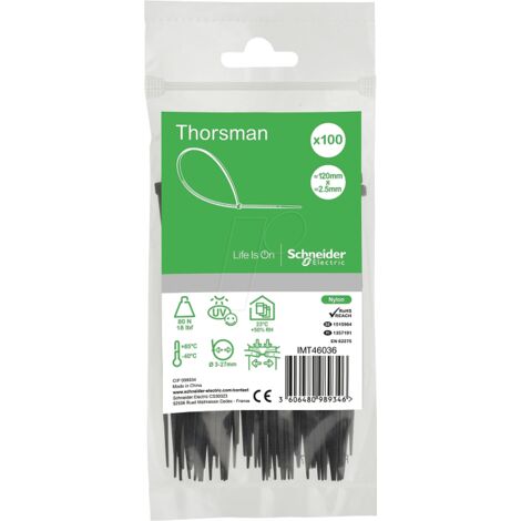 Collier serre-cable noir 120x2.5mm (blister de 100) pour fixation de fils et cables Ø 27mm max PA6.6 anti-UV Thorsman