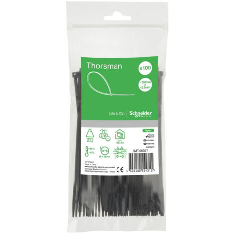 Collier serre-cable noir 150x3.6mm (blister de 100) pour fixation de fils et cables Ø 36mm max PA6.6 anti-UV Thorsman