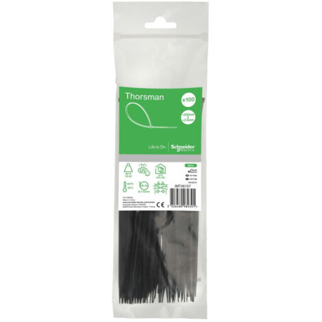 Collier serre-cable noir 200x2.5mm (blister de 100) pour fixation de fils et cables Ø 52mm max PA6.6 anti-UV Thorsman