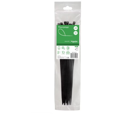 Collier serre-cable noir 280x4.8mm (blister de 20) pour fixation de fils et cables Ø 74.8mm max PA6.6 anti-UV Thorsman