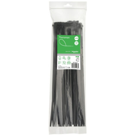 Collier serre-cable noir 370x4.8mm (blister de 100) pour fixation de fils et cables Ø 103.5mm max PA6.6 anti-UV Thorsman