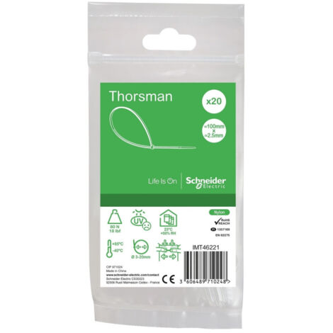 Collier serre-cable translucide 100x2.5mm (blister de 20) pour fixation de fils et cables Ø 20mm max PA6.6 anti-UV Thorsman
