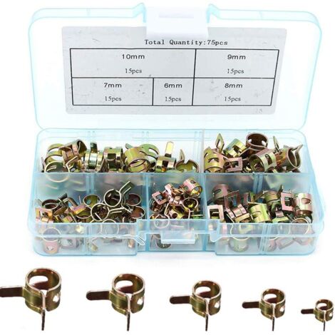 Colliers de Conduite de Carburant, 75 Pièce Colliers de Serrage à Ressort Tuyau de Carburant Conduite D'eau Colliers de Serrage de Printemps Air Tube Colliers de Serrage Attaches Assortiment kit
