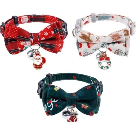 Colliers de Noël pour Chat avec Cloches,Colliers de Vacances Réglables pour Chat Couronne de Bas de Noël Noud Papillon de Noël