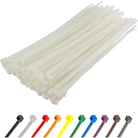 Colliers de serrage argentés longs et résistants, 370 mm x 4,8 mm, lot de 100, en nylon de qualité supérieure, fermeture éclair 300 mm x 7,6 mm, blanc