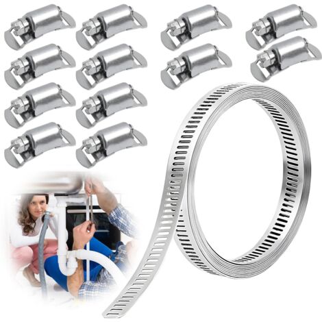 Colliers de Serrage en Acier DIY Inoxydable 304 Réglables, Bande Perforée de 3.5m avec 12 Fixations, Résistant à la Corrosion pour Tuyaux, Automobile, Marine, Jardin et Applications Industrielles