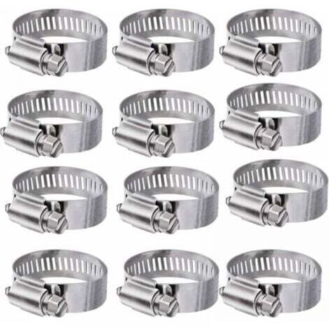 Colliers de serrage réglables en acier inoxydable 304 – Lot de 12 pièces (Ø 16 à 25 mm) pour tuyaux eau, gaz et automobile