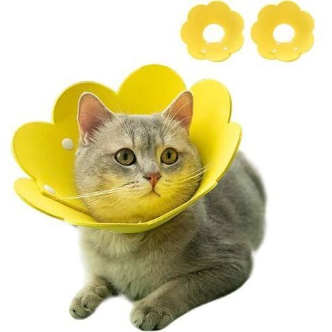 Colliers pour chat 2 pièces, colliers de récupération pour animaux de compagnie Cône anti-morsure Protection réglable Forme de motif de tournesol pour chien et chat (jaune), Ensoleillé
