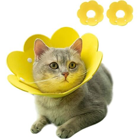 Colliers pour chat 2 pièces, colliers de récupération pour animaux de compagnie Cône anti-morsure Protection réglable Forme de motif de tournesol pour chien et chat (jaune), Ensoleillé