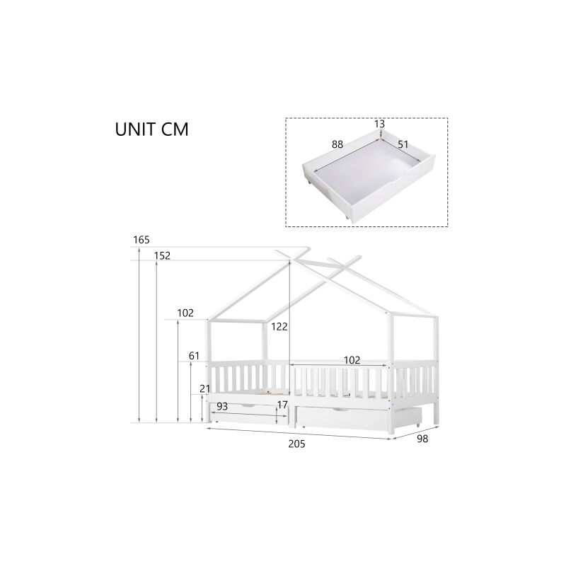Live House - Beau lit de maison, lit d'enfant, avec 2 tiroirs,200x90 cm bois massif avec clôture et sommier à lattes, chambre d'enfant et