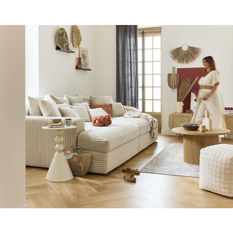 Lisa Design - Collins - canapé droit 4 places avec double méridienne - assise profonde - velours côtelé grosses côtes - beige