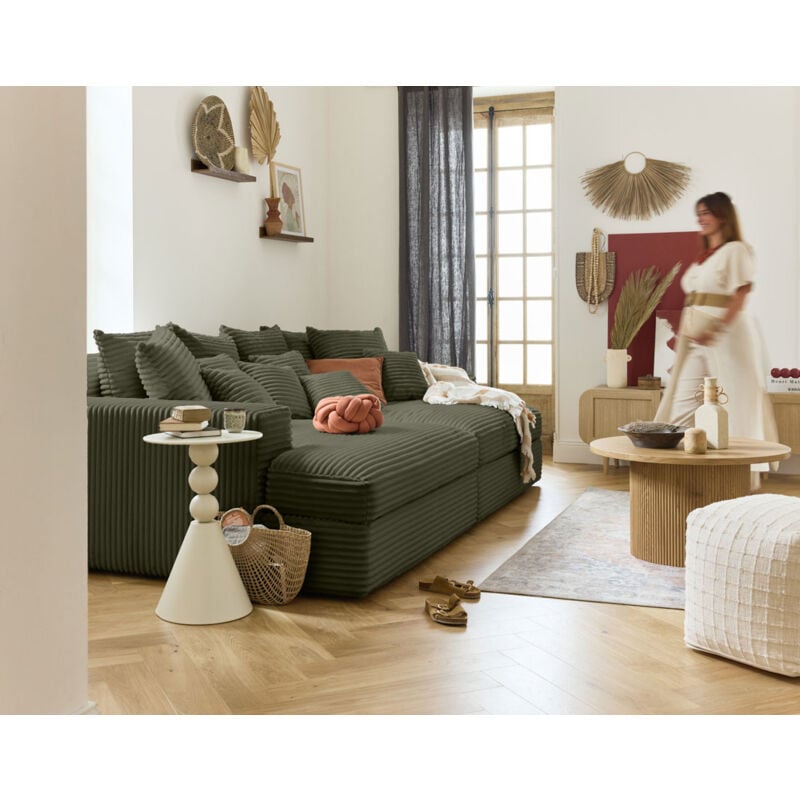 Lisa Design - Collins - canapé droit 4 places avec double méridienne - assise profonde - velours côtelé grosses côtes - vert