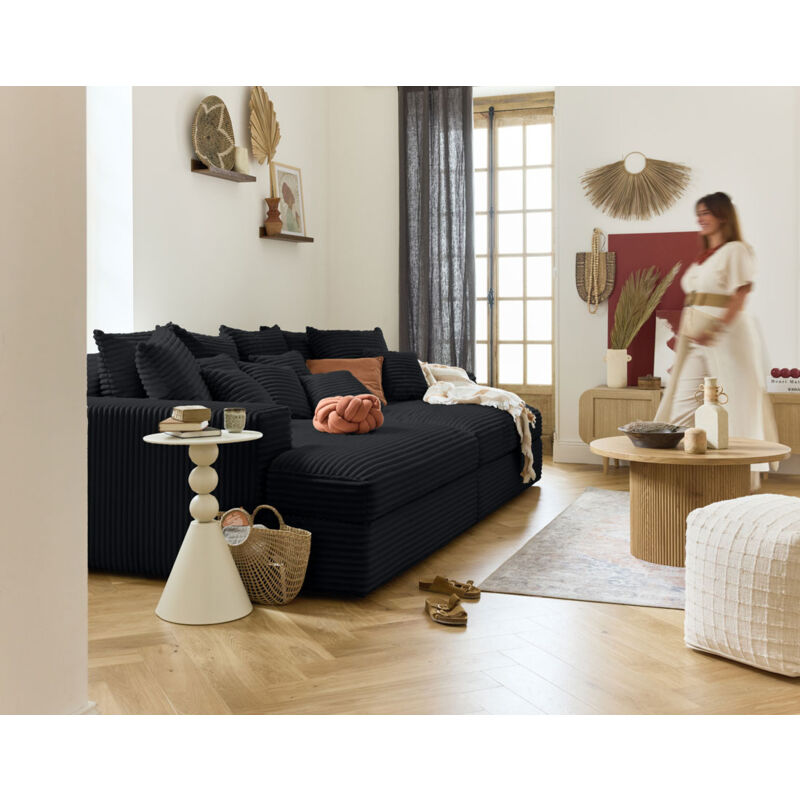 Lisa Design - Collins - canapé droit 4 places avec double méridienne - assise profonde - velours côtelé grosses côtes - noir