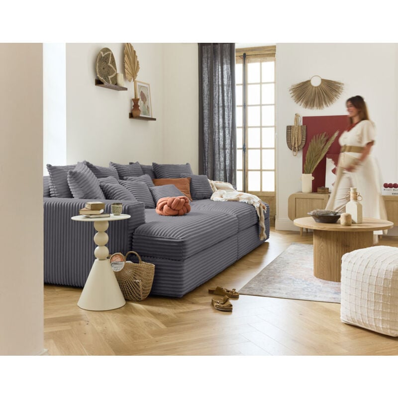Lisa Design - Collins - canapé droit 4 places avec double méridienne - assise profonde - velours côtelé grosses côtes - gris