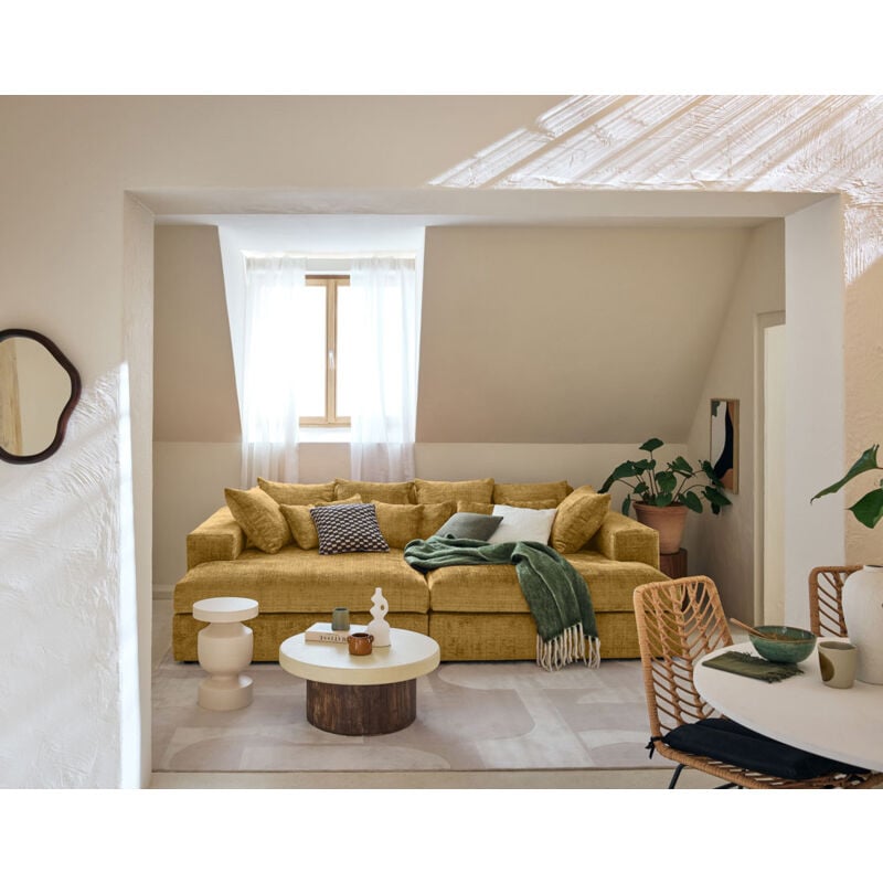 Lisa Design - Collins - canapé droit 4 places avec double méridienne - assise profonde - en velours texturé - jaune