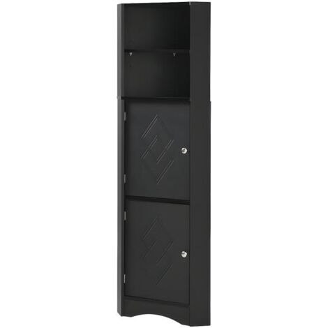 Colone d'angle de salle de bain - 2 compartiments ouverts et 2 portes - étagères réglables - Noir