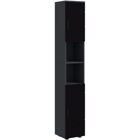 Colonna Bagno in Truciolato con 2 Ripiani Aperti e 2 Armadietti a 2 Livelli, 30x30x183 cm, Nero e Grigio