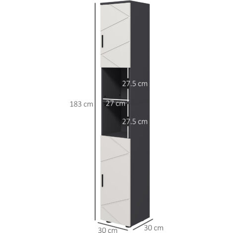 Colonna Bagno in Truciolato con 2 Ripiani Aperti e 2 Armadietti a 2 Livelli Regolabili, 30x30x183 cm, Grigio Chiaro e Grigio Scuro