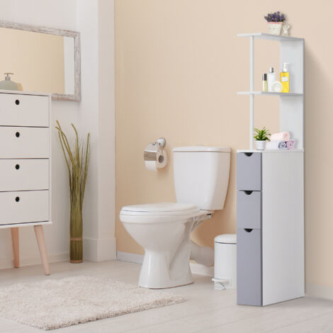 Colonna Bagno, Mobile Bagno Salvaspazio in Legno, Mobiletto con Armadietto, Ripiani e Cassetti, 15x33x136.8 cm, Grigio Chiaro
