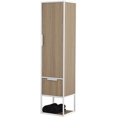 Colonna bagno sospesa H 150 cm stile industrial bianco e legno Baketo