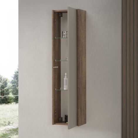 Colonna bagno sospesa H120 cm in legno tabacco e tortora con anta reversibile Smok