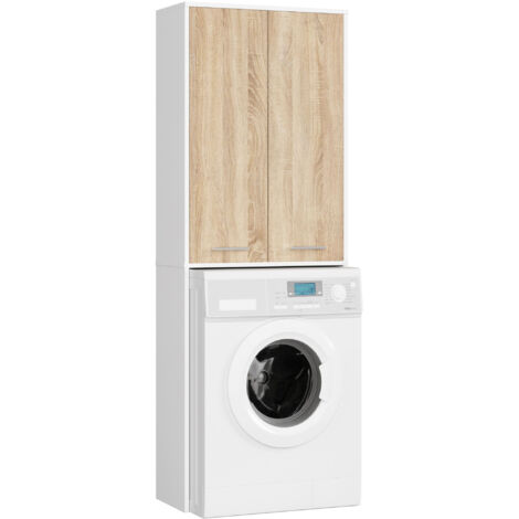 Colonna da bagno AKORD FIN per incasso di una lavatrice Bianca 64 cm 2 ante inserto frontale Sonoma Quercia 64x30x180 cm
