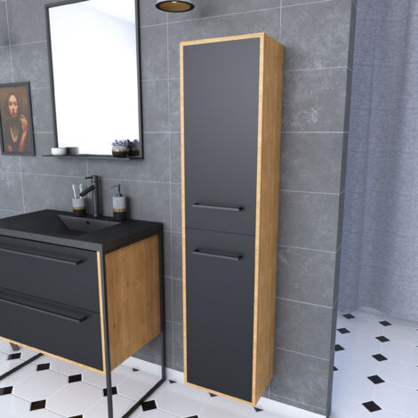 Colonna da bagno in rovere marrone 30x35x150 cm con 2 ante e maniglie nero opaco