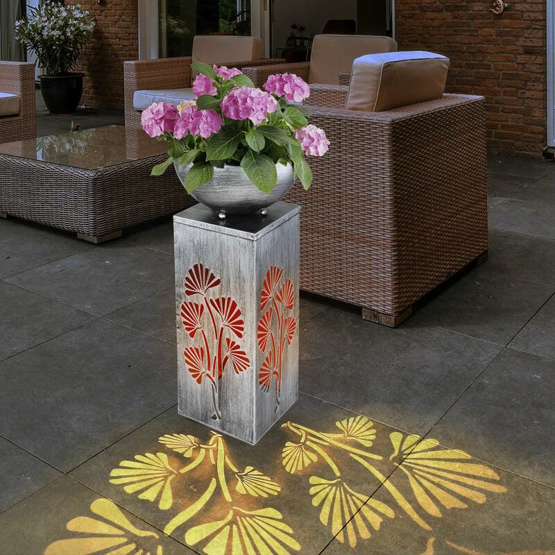 Image of Colonna decorativa con ciotola e illuminazione Lampada a colonna solare, colonna per fioriera da esterno con ciotola in metallo, effetto luce, 1x led