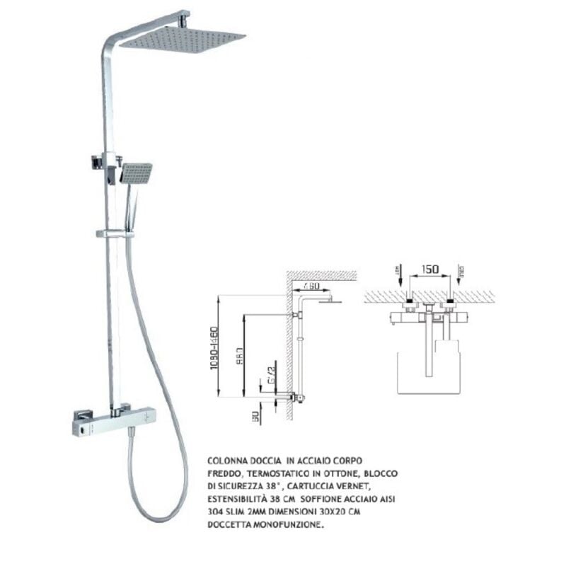 Colonna Doccia Attrezzata Angolare.Colonna Doccia Bagno Quadra Rettangolare Soffione 20x30 Accadueo 83012