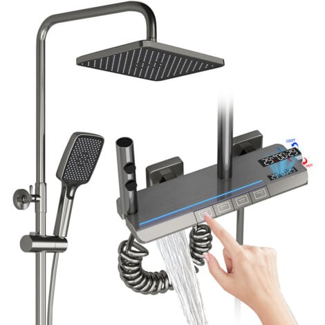 Colonna Doccia Con LED Miscelatore Display Digitale Set Doccia A Parete Con Tasti Di Pianoforte A 4 Funzioni, Con Soffione 30x20 Cm Doccia A Mano Rubinetto Per Vasca E Spruzzatore Per Bidet