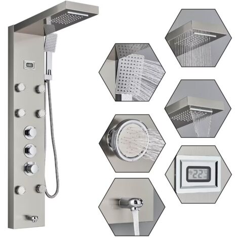 ONYZPILY Colonna Doccia con Miscelatore Termostatica , Nichel Spazzolato Multifunzione Pannello Doccia Idromassaggio 304 Acciaio Inox con Cascata di Pioggia Cascata di Acqua Soffione Fisso