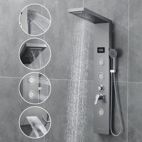 AURALUM Colonna Doccia Idromassaggio con Luci LED in 304 Acciaio Inox Spazzolato per Bagno 5 Funzioni Set de Doccia Con 3 Jets de massaggio, Soffione e Doccetta