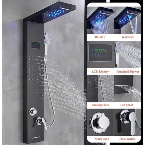 Colonna Doccia Idromassaggio con Miscelator,Onyzpily Pannello Doccia Idromassaggio Set con Temperatura Display, 5 Funzioni con Soffione Fisso,Massaggi,Doccetta e Bocca Vasca(Nichel)