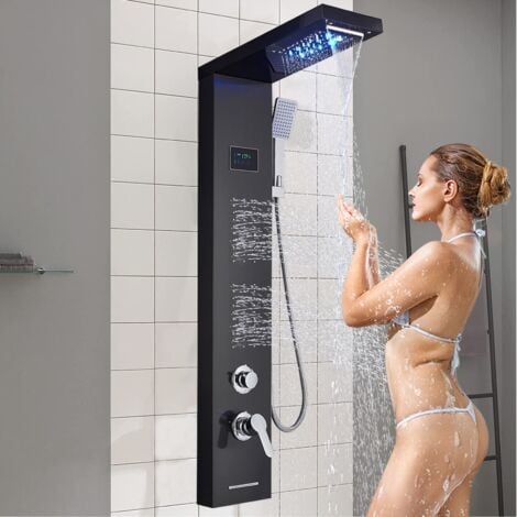 ONYZPILY Colonna Doccia Idromassaggio in Acciaio Inox 5 Funzioni Pannello Doccia Set e di Temperatura (Display LCD) per Bagno,Soffione Fisso,Massaggi,Doccetta e Bocca Vasca