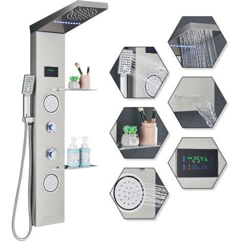 ONYZPILY Colonna Doccia Idromassaggio Pannello Doccia Set in 304 Acciaio Inox con Miscelatore 5 Funzioni, Doccia Spa per Bagno,Ripiano