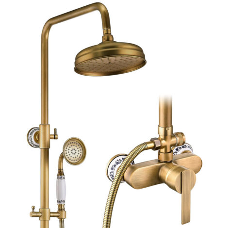 Colonna doccia, Kit doccia in ottone anticato, Doccia completa in stile retrò, Kit doccia con soffione e doccetta, Set doccia regolabile in angolazione e altezza, Colonna doccia color oro senza miscel