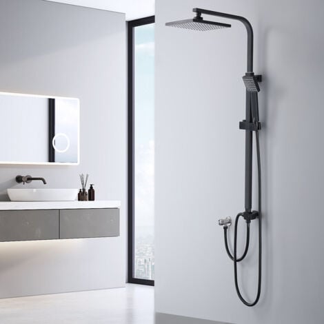HOMELODY Colonna Doccia Nera Senza Miscelatore – Sistema Doccia in Acciaio Inox con Doccetta a Mano, Soffione Quadrato Regolabile in Altezza, Design Moderno