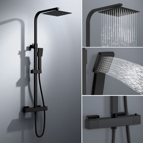 colonna doccia quadrata completo di miscelatore termostatico rettangolo, soffione quadrato 20x20cm, nero