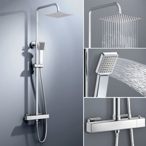 colonna doccia rotonda completo di miscelatore termostatico rettangolo, soffione quadrato 20x20cm, cromo