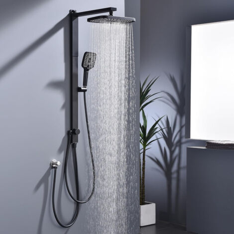 Colonna Doccia Senza Miscelatore Nera, Soffione Quadrato Grande Effetto Pioggia, Doccetta 3 Funzioni, Asta Regolabile 95–118 cm,Sistema Doccia Moderno, Installazione Facile, Risparmio Acqua ed Energia