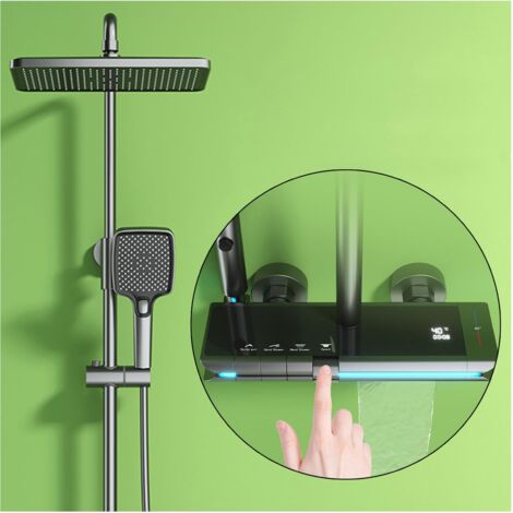 Colonna Doccia Termostatica, Display Digitale Colonna Doccia 4 Funzioni Set Doccia Kit Doccia con Soffione e Doccetta 3 Modalità, Miscelatore Doccia Cascata, Doccetta per Bidet (Grigio)