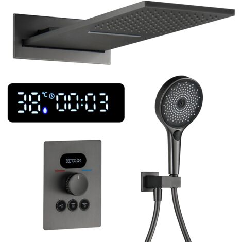 Colonna Doccia Termostatica, Doccia Soffione Colonna Oro Spazzolato Set Doccia LED Display Digitale, Kit Doccia con Soffione e Doccetta, Multifunzionale Colonna Doccia con Miscelatore