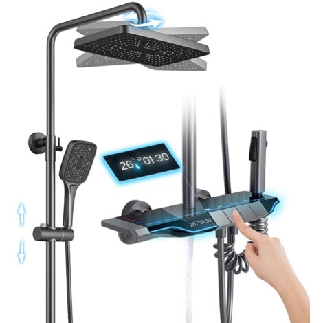 Colonna Doccia Termostatica Grigio Pistola con Display Temperatura Sistem Doccia 4 Funzioni Miscelatore Set Doccia Completo Altezza Regolabile, 31x20CM Soffione Doccia, Doccetta e Bocca Vasca, Bidet